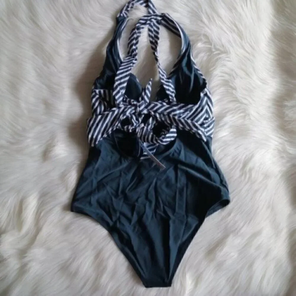 NEW Blue White Plus Size One Piece Size 0X Bathing Suit Swimsuit